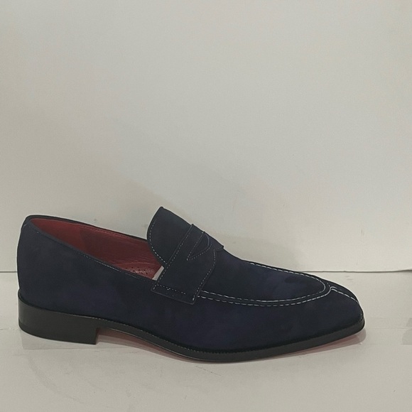 Emilio Franco shoes loafer suede navy slip on red bottom sole - Picture 2 of 5